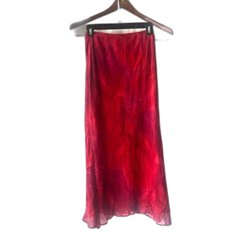 Vintage Express 100% Silk Red Print Fully Lined Pull On Maxi Skirt Side Slits XS